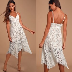 Lulu’s One Wish Lace beige nude Midi Dress v-neck